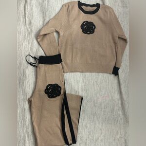 Beige and Black Knit Sweater and Pants Set